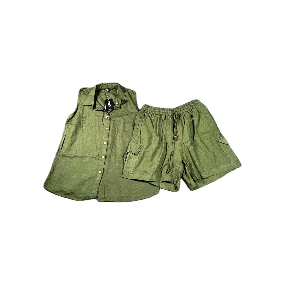 Cassee's Shirt & Short 2 Piece Set Womens M Olive Green Button Front Drawstring